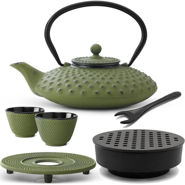Bredemeijer grünes gusseisernes Tee-Set 0.8 Liter - Teebereiter mit Stövchen & Deckelheber & Untersetzer & Teebecher
