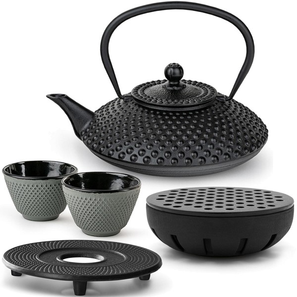 Bredemeijer Teekanne 1.25 Liter schwarzes Guss Set mit grünen Bechern, Untersetzer & Teewärmer 2