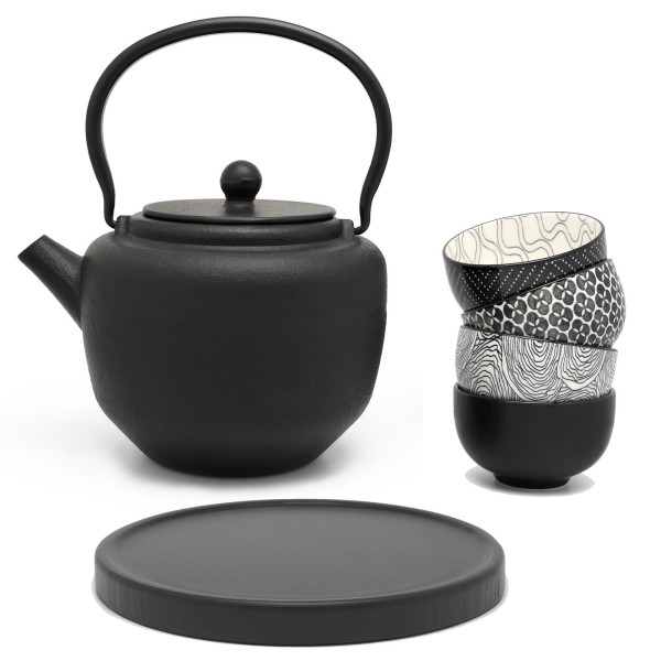 schwarzes asiatisches Guss Teekannen Set 1.3 L mit 4 Porzellan-Teebecher & schwarzem Holzuntersetzer