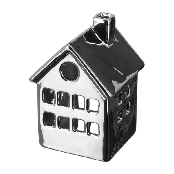 Fink silberner Teelichthalter 12x8 cm in Form eines Deko-Hauses aus Keramik - Art.-Nr. 124006