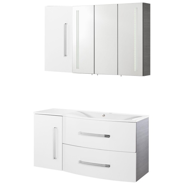 Fackelmann großes Badezimmermöbel Set 5-tlg. Lugano weiß-grau & Gussbecken & LED Spiegelschrank