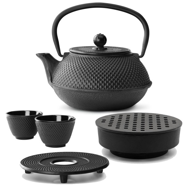 Bredemeijer Asia Gusseisen Teekannen Set 0.8 Liter - Teekessel mit Stövchen & Untersetzer & Teetassen 2 Stück