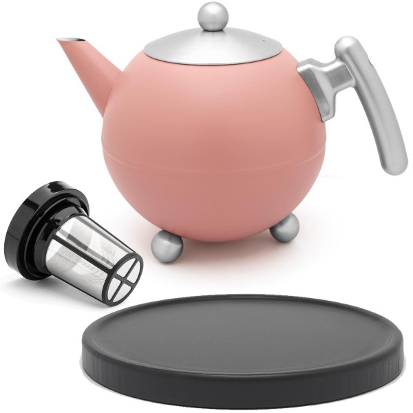 Bredemeijer doppelwandige rosa Edelstahl Teekanne 1.2 Liter mit Teefilter & Holzuntersetzer