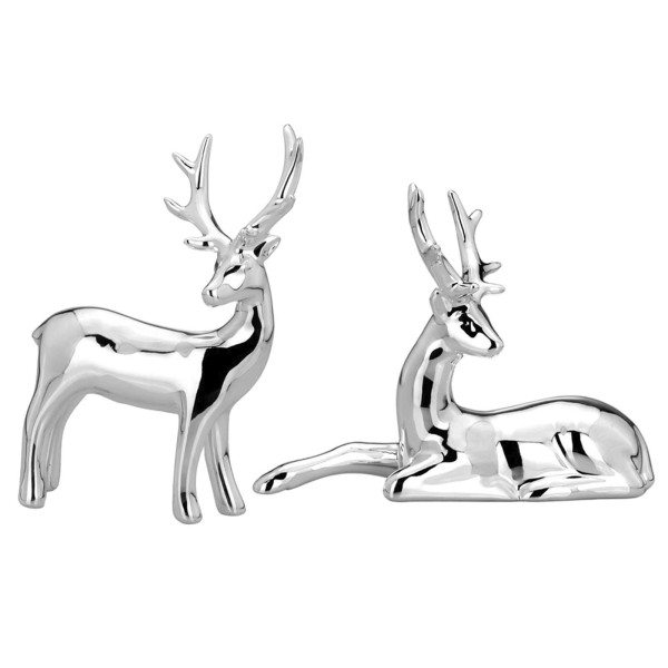Deko Rentier Figuren 2er Set aus Porzellan liegend & stehend silbern galvanisiert