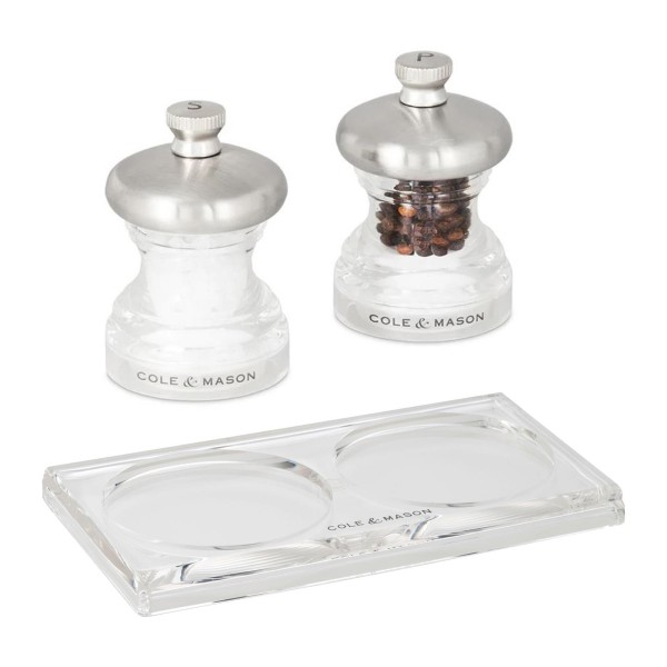 Cole & Mason 3-tlg. Salz & Pfeffer Gewürzmühlen Set 6.5 cm aus Acryl-Edelstahl mit Acryl Tablett