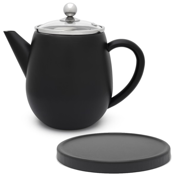 kleine schwarze doppelwandige Edelstahl Teekanne 1.1 Liter mit Filtersieb & schwarzem Holzuntersetzer