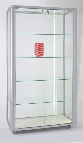 stabile rollbare beleuchtete Alu-Glasvitrine Ausstellung mit Schloss 99 x 55 cm - Art.-Nr. OL9955-mb-r