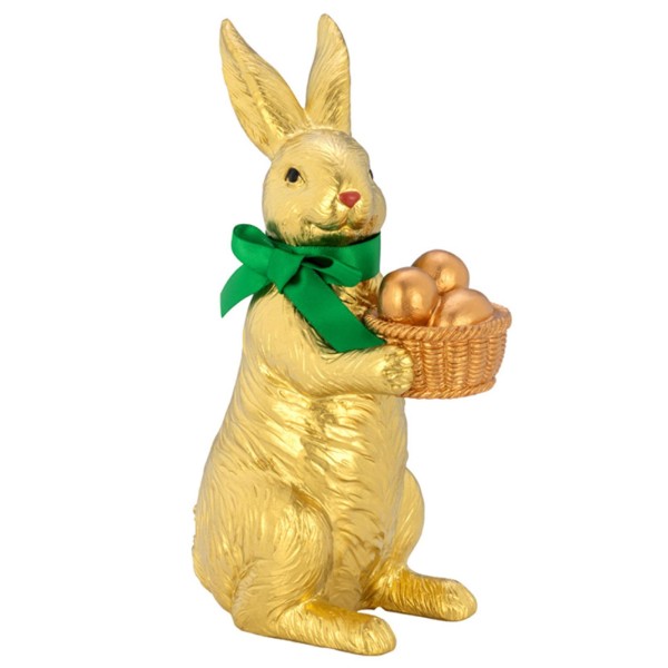 Hasen Dekofigur 20.2 cm aus Kunststein in Gold Osterhase mit Eierkorb & grüner Schleife - Art.-Nr. 6559