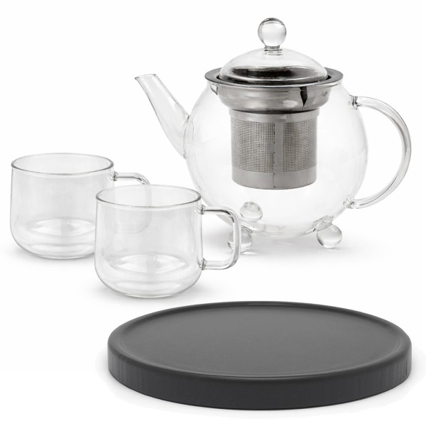 Bredemeijer Mini Glas-Teekanne 0,5 Liter einwandig mit Edelstahl-Filter 2 Teegläser & Untersetzer schwarz