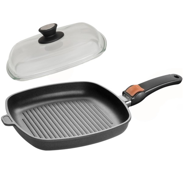 SKK Guss Grillpfanne 28 cm Induktion eckig Antihaft Steakpfanne Griff abnehmbar Deckel Vollglas