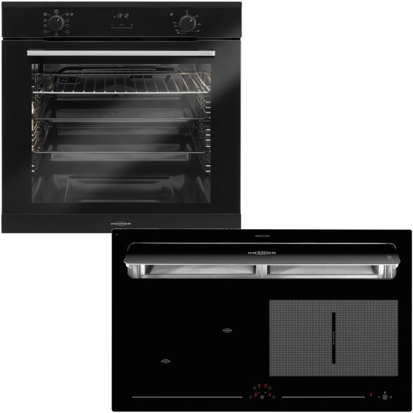 Oranier schwarzes Einbaubackofen Set & Flexx Induktionskochfeld Dunstabzug KXI 1092 Umluft